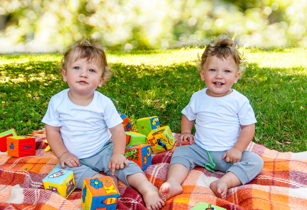 Filhos gêmeos, sentado em um cobertor e brincando com seus brinquedos na natureza